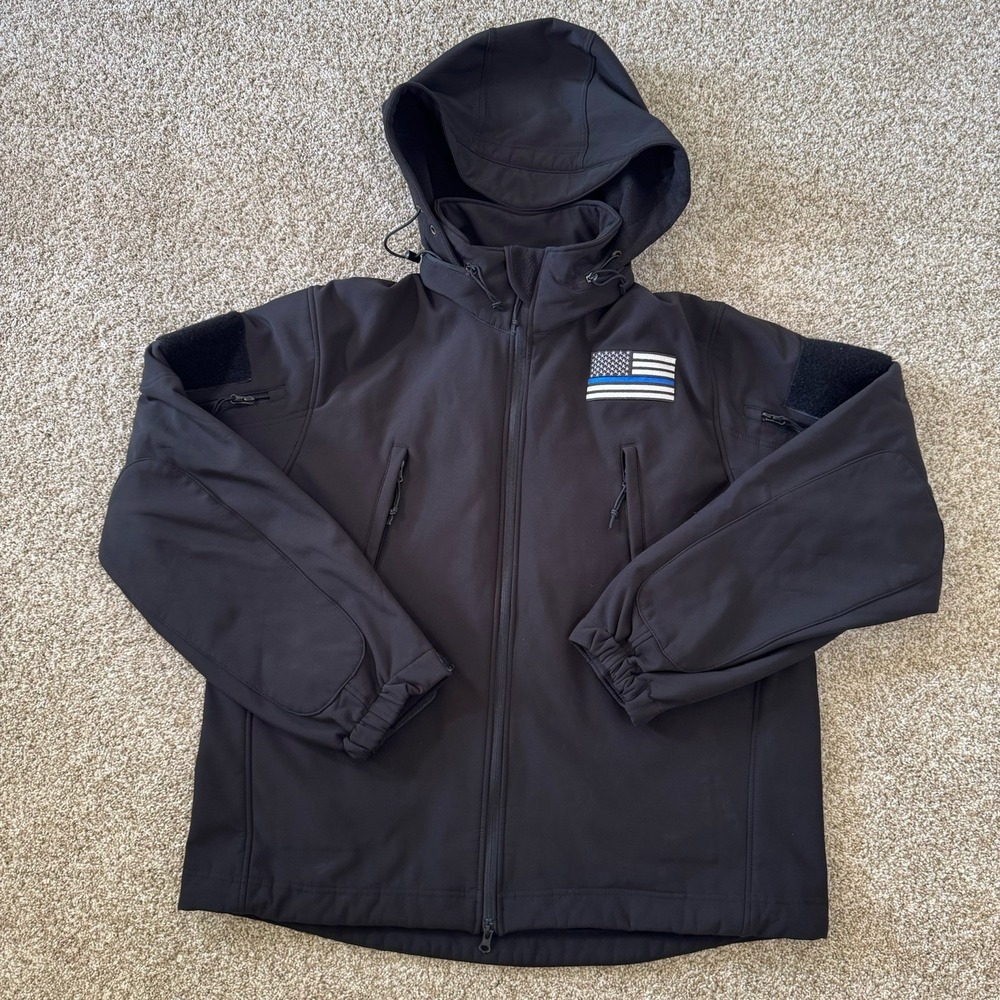Tactical Black Hooded Zip Up‎ 12 Pocket Drawstring Jacket Size XL
